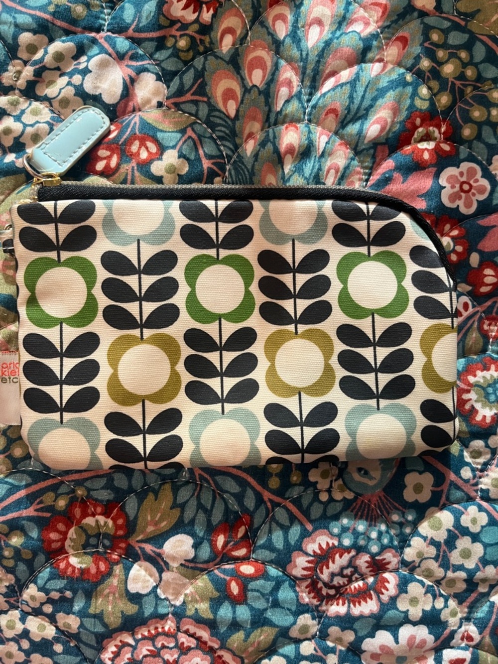 Orla Kiely Inspired Floral Zip Pouch in Green, Black & Cream